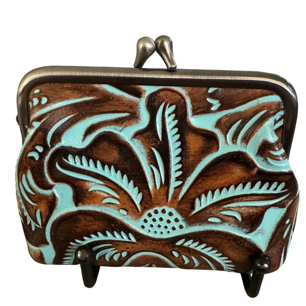 Patricia Nash Tooled Leather Coin Purse Turquoise Brown Floral Kiss Lock NWT
